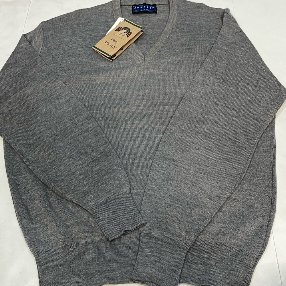 Vintage 80s Jantzen Acrylic Gray Pullover Sweater Men Large Pinhole Sleeve - Picture 14 of 16